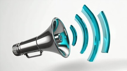 3D silver megaphone with blue sound waves gently pulsing out on isolated white background.ai 