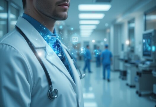 Future of medicine showcasing doctor with digital interface for data analysis