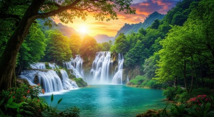Lush Tropical Waterfall Paradise Bathed in Golden Sunset Light
