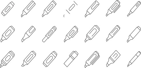 A series of minimalist outline icons, each depicting a dry-erase marker from various angles and with different cap positions, suitable for education, office, or presentation themes.
