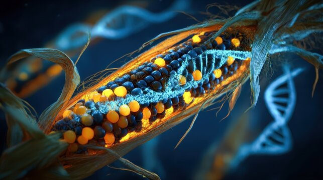 corn stalk with glowing mutated kernels on DNA spiral lab lighting
