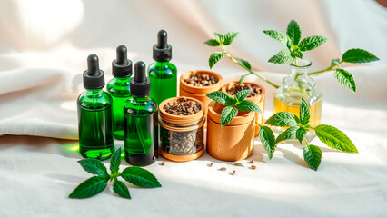 A still life of green dropper bottles, small pots and plant cuttings on a white cloth surface