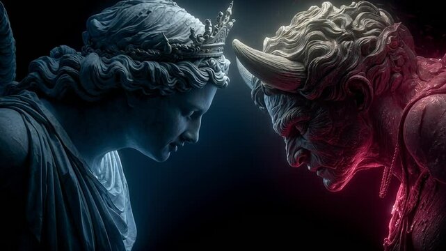 Ancient mythological stone sculptures of good and evil confronting each other.