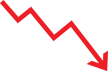 Red downward trending arrow graph representing a decline or loss on a white background