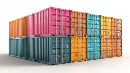 Fototapeta premium Stacked Colorful Shipping Containers Against White Background