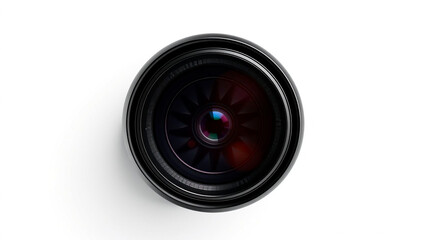 Close up shot of a camera lens with a black rim on a white background in a studio setting