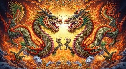 Two Majestic Dragons Facing Each Other Amidst Fiery Embers and Clouds