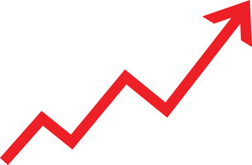 A simple red line graph with an upward trend and arrow indicating growth and progress