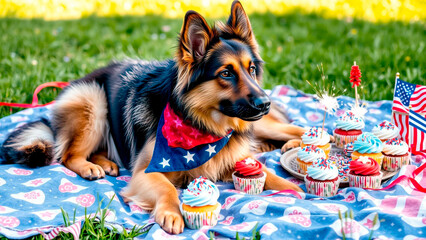 German shepherd with patriotic bandana and cupcakes on a blanket for fourth of july celebration