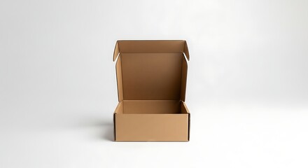 An open cardboard box, minimalist composition, isolated on a solid color. 