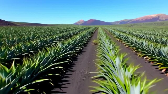 Rows of vibrant green agave plants stretch across a field, leading to distant volcanic mountains under a clear blue sky