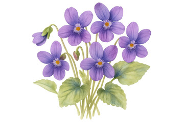 Obraz premium Watercolor painting of a bouquet of purple violets with green leaves, isolated on a transparent background