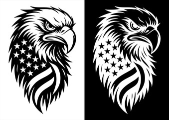 Fierce Bald Eagle with American Flag Feathers – Black and White Vector