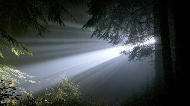 Sunlight beams through misty forest - Powered by Adobe