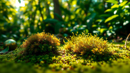 Close up of moss clumps with yellow sprouts in a forest with blurred green background and golden sphere