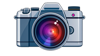 Illustration of a silver camera with a large lens and a pink light on a white background