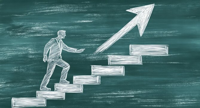 Chalk Drawing of Man Ascending a Staircase with an Upward Arrow on a Dark Green Background