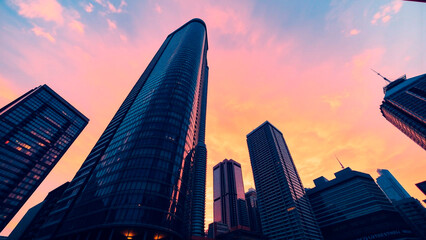 Worm's eye view of skyscrapers against a vibrant sunset sky with pink and orange hues in the background