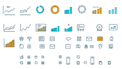 Assortment of business and communication icons arranged on a white background in rows and columns