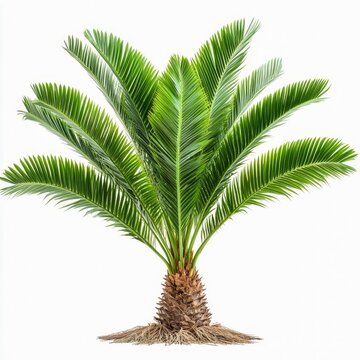 cycas revoluta sago palm plant thick trunk and feathery green fronds isolated on white transparent background