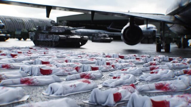 Anti war concept. Corpses covered with sheets. Military base.