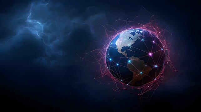 The image shows a stylized Earth globe enveloped in a network of glowing pink and blue lines, set against a dark background with streaks of lightning.A digital rendering of a globally connected world