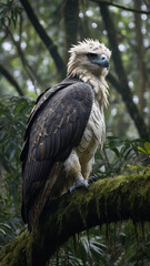 Obraz premium Description: A majestic Philippine Eagle perched on a moss-covered branch in a dense, misty rainforest.