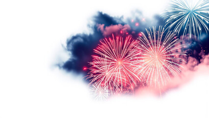 A vibrant display of fireworks with red white and blue colors against a cloudy sky background scene