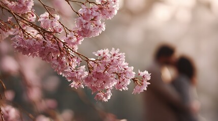 Obraz premium Pink cherry blossoms bloom on branches with a blurred couple embracing in the background