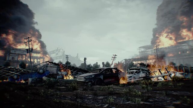 apocalyptic burning city. Armageddon. 4k animation.