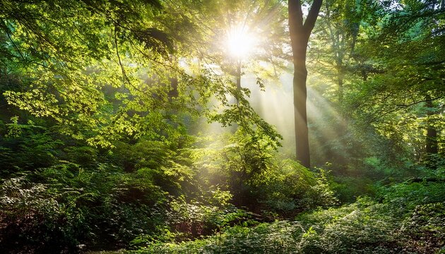 sunlight filters through lush green leaves creating serene mys