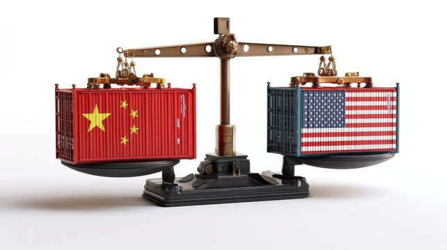 Trade Balance China and USA Shipping Containers on Antique Scales Isolated