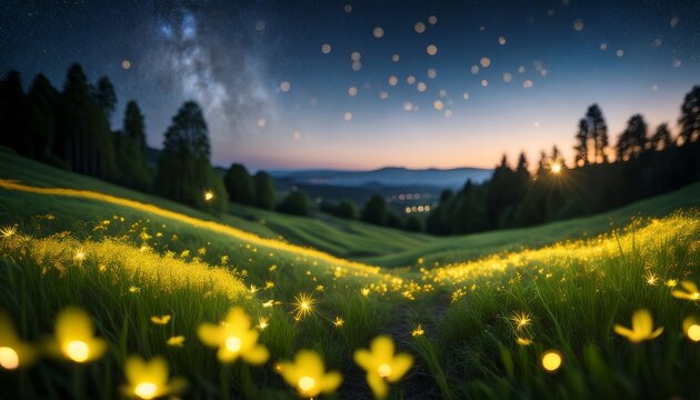 a calm night in a meadow illuminated by fireflies the background is smoothly blurred with a bokeh effect accentuating the gentle curves of the landscape - Powered by Adobe