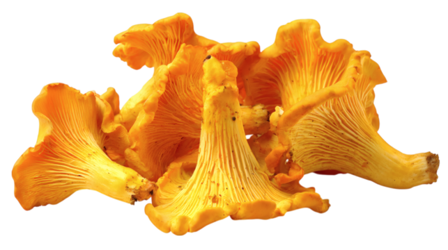 Fresh yellow golden chanterelle mushrooms, wild edible Cantharellus cibarius, autumn harvest photography, isolated on tranparent background 
