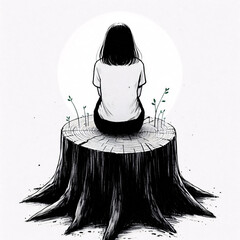 Sad young beautiful woman sitting on the window at home isolated, watching out. Coronavirus quarantine concept.Woman with depression because she's so sad and lonely. Generative ai