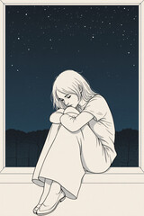Sad young beautiful woman sitting on the window at home isolated, watching out. Coronavirus quarantine concept.Woman with depression because she's so sad and lonely. Generative ai