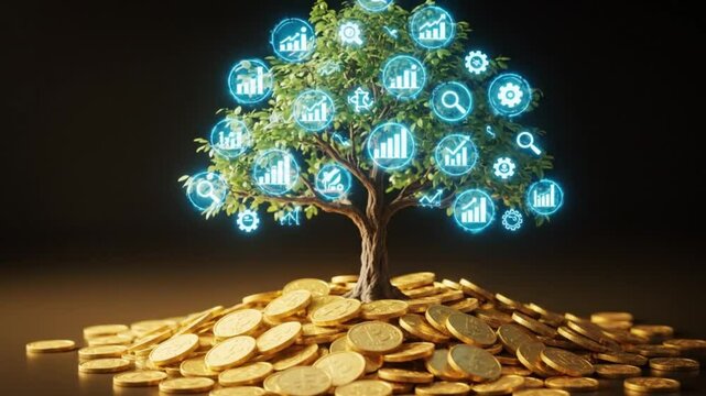 A glowing tree growing from a pile of coins, with its branches transforming into graphs and icons, animated growth effect

