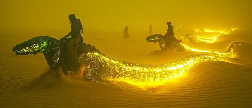 Desert nomads riding sandworms with symbiotic algae glowing under their scales