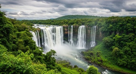 Fototapeta premium Majestic Waterfall Cascading Through Lush Green Forest Under Dramatic Cloudy Sky