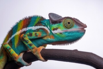 Obraz premium A Colorful Panther Chameleon Resting on a Branch Against Plain White Background