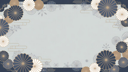 Decorative backdrop features stylized chrysanthemums, snowflakes and clouds in white, blue, grey and gold tones, creating a festive Asian inspired motif. © Nayon