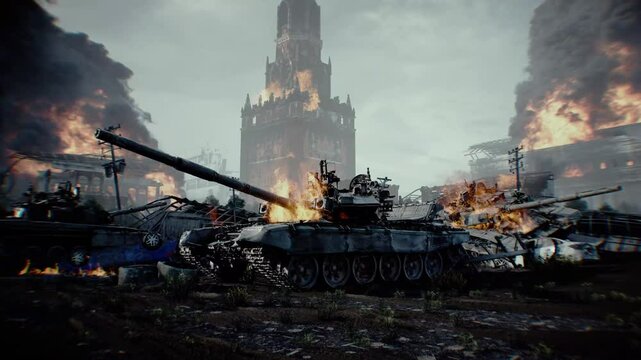 Russian burning battle tank. apocalyptic. burning city Moscow. Armageddon. 4k animation.