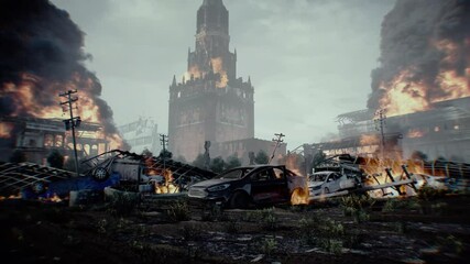 Russian apocalyptic. burning city Moscow. Armageddon. 4k animation. - Powered by Adobe