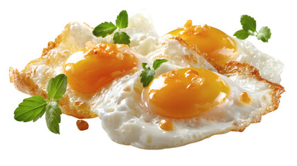 Fried eggs with golden yolk in a fresh cooking presentation, isolated on tranparent background 