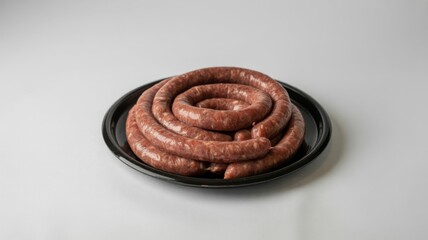 Black plastic plate filled with traditional raw African Boerewors beef sausages