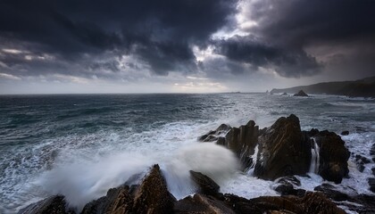 Obraz premium a dramatic seascape with dark clouds and crashing waves against rocky shores creating a sense of movement and emotion in nature
