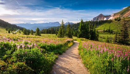 Fototapeta premium vibrant summer landscape with colorful flowers and majestic mountains at sunset