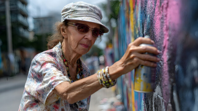 Artistic Expression Urban Street Graffiti Creation Vibrant Atmosphere Close-Up View Senior Artist Inspires Youth