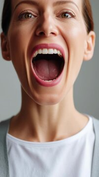 Surprising Emotion of Woman with Open Mouth Showcasing Tonsil Stones and Expression of Discomfort in Candid Moment
