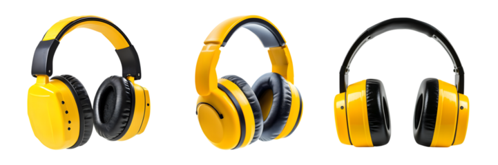 3 Yellow industrial noise-cancelling earmuffs, isolated on white background
